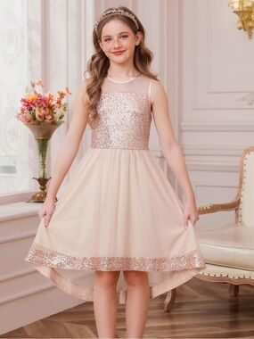 Girls' Rose Gold Sequin Bodice Party Dress
